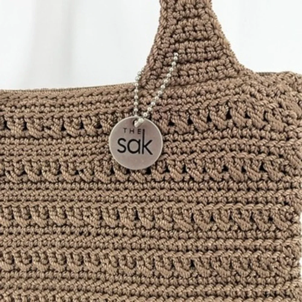 The Sak Brown Crochet Shoulder Bag Zipper Tote Textured Knit Boho Handbag